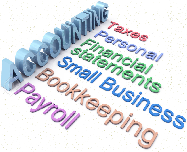 Image reads "Accounting - Taxes - Personal - Financial Statements - Small Business - Bookkeeping - Payroll